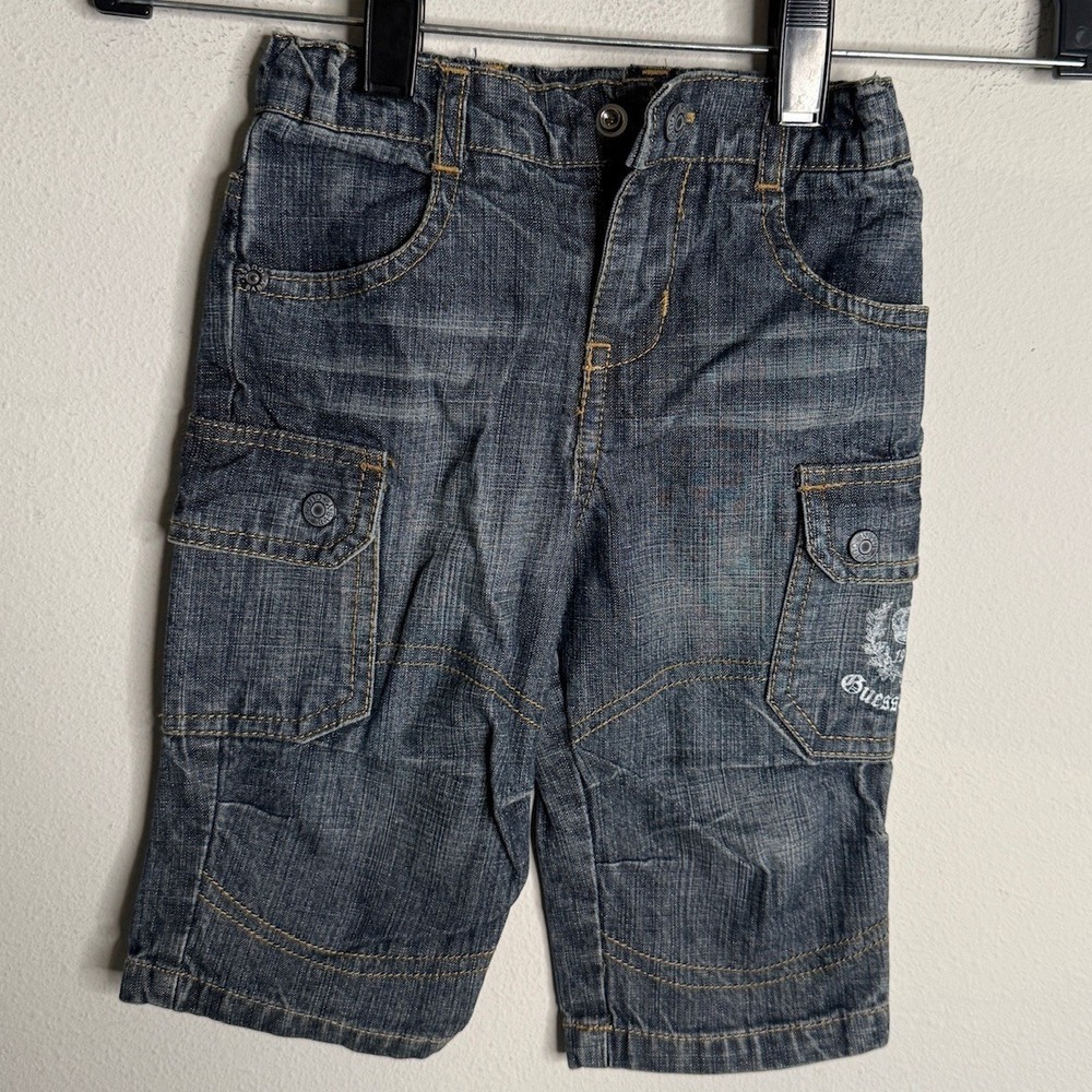 Vintage‎ Guess Baby 6-9M Blue Distressed Logo Denim Cargo Shorts Retro Casual